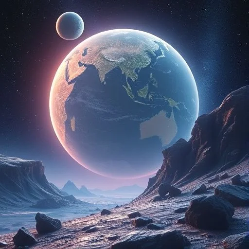 A breathtaking panoramic vista of an alien exoplanet at twilight with crystalline formations and a gas giant in the sky.